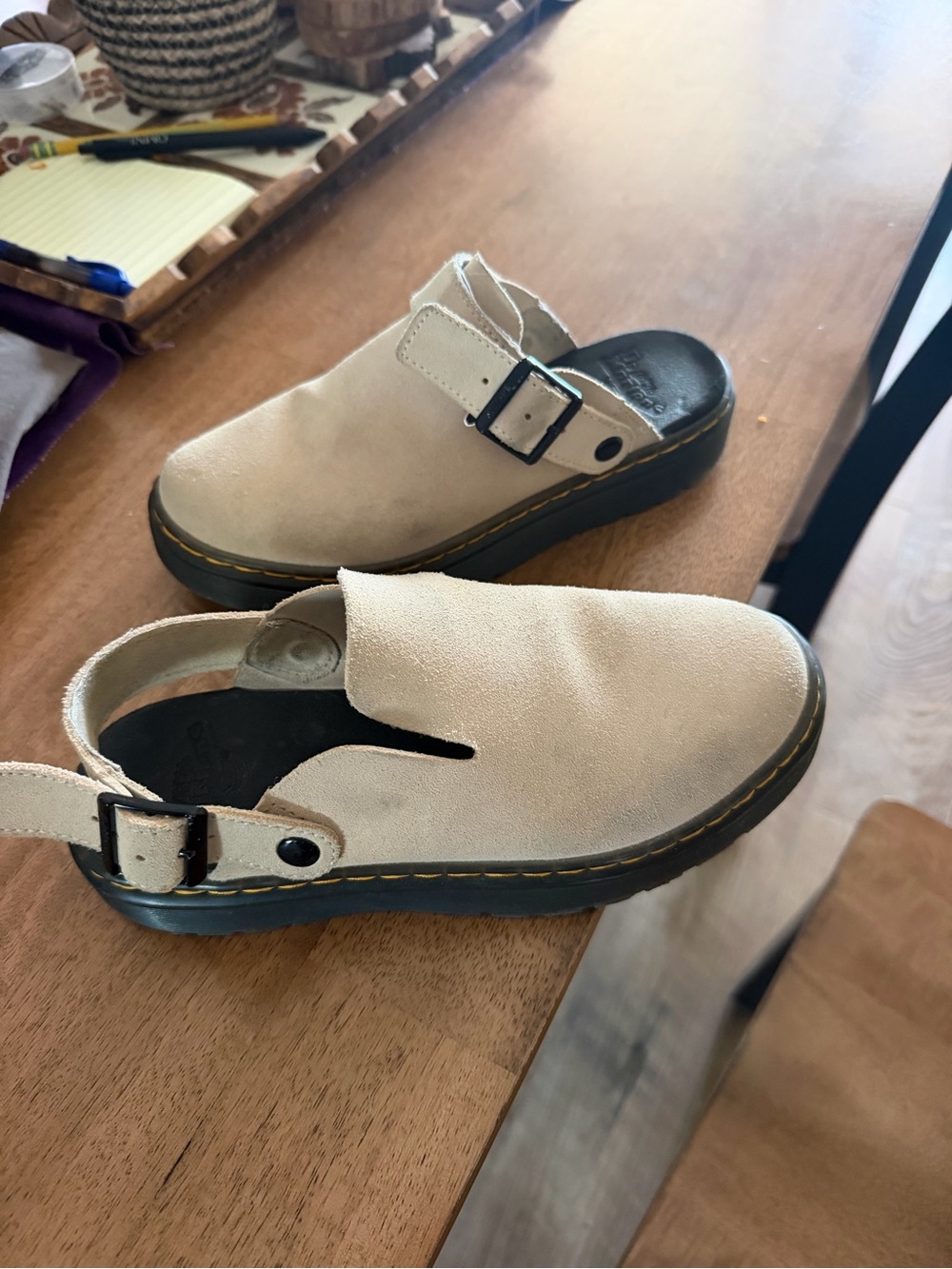 Dr. Martens Beige Suede Slingback Clogs with Black Insole